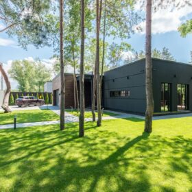 trees in front of a house